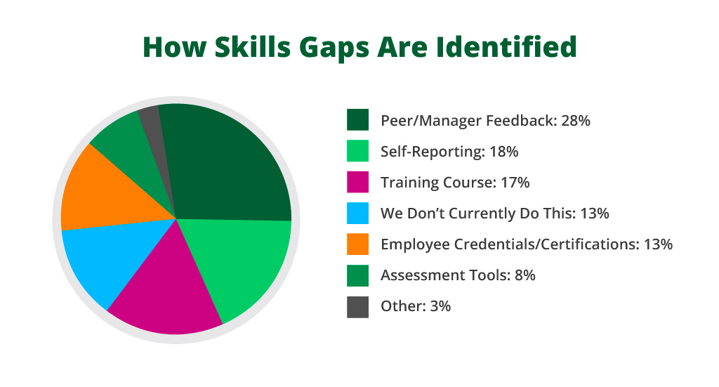 Infographic:How Skills Gaps Are IdentifiedPeer/Manager Feedback 28%25Self-Reporting 18%25Training Course 17%25We Don't Currently Do This 13%25Employee Credentials/Certifications 13%25Assessment Tools 8%25Other 3%25