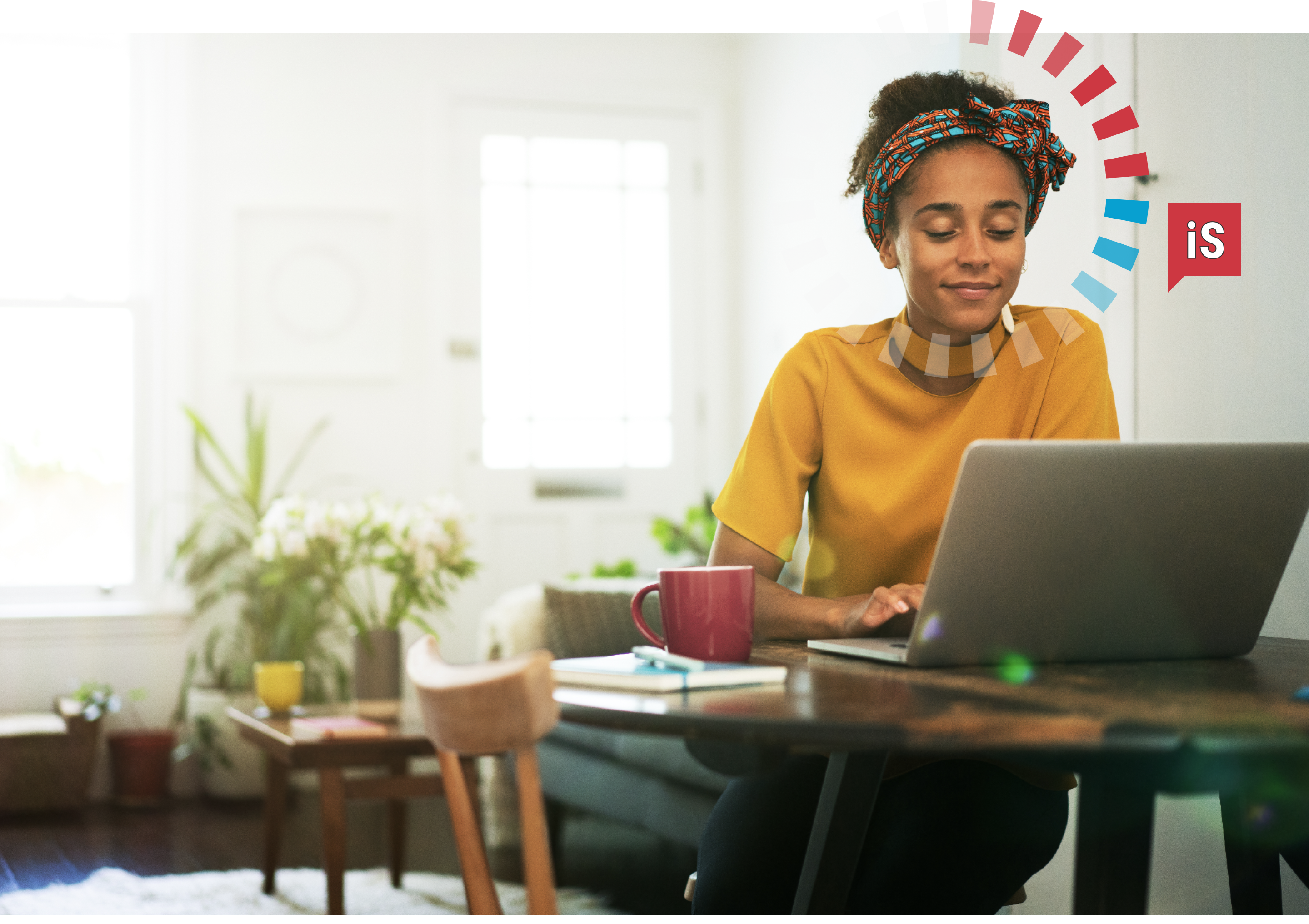 Woman working on a laptop with an iS DiSC style halo.