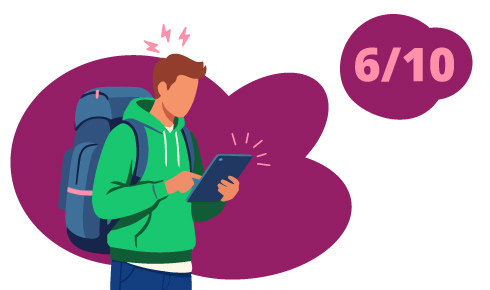 Graphic of a colleague in casual wear with a backpack on typing on a tablet with 6/10 in the background.