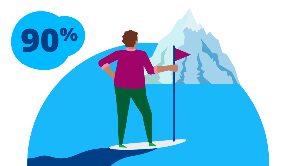 Graphic of a colleague standing on the edge of a cliff with a walking stick, looking independent and confident.