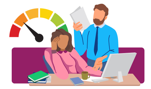 Graphic of a colleague sitting at their desk looking stressed with a stressed manager standing over them.
