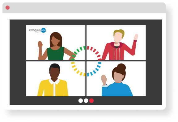 Everything DiSC virtual classroom meeting. Four people are in the meeting. The top left is wearing green to represent the D DiSC style, the top right is wearing red to represent the i DiSC style, the 