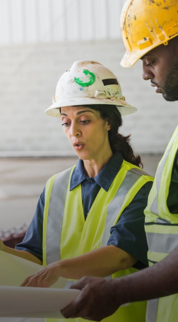 Close-up of two people reviewing plans while working at a construction site.