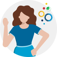 Woman raising her hand with colorful DiSC style circles next to her. It represents the expertise Partners bring to our solutions.