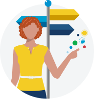 Manager pointing with a signpost in the background. This represents a manager learning how to direct and delegate.