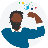 Manager flexing arm muscles. This represents the manager learning how to motivate their team.