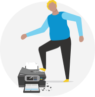 Person stomping on a printer. This represents a destructive response.