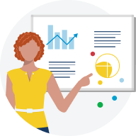 Woman pointing at graphs on a whiteboard representing application projects.