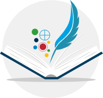 Open book with a feather and colorful dots coming out of the center pages representing the certification exam.