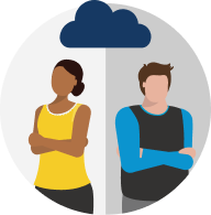 Two coworkers with a storm cloud above their heads. The storm cloud represents that they are in conflict.