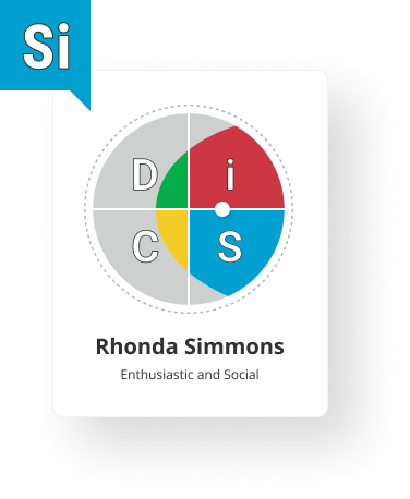 Rhonda Simmons Si DiSC style dot on a DiSC map. With Enthusiastic and Social characteristics.