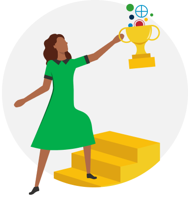 Woman climbing up stairs while holding a trophy representing our proven solutions.