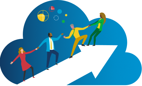 Blue graphic bubble with four colleagues wearing clothing in the DiSC colors, supporting each other climbing an arrow pointed up.